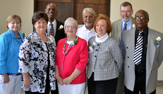 Front, from left, Marilyn Johnson, coordinator, Alumni Foundation; Diane Blansett, director, Academic Support Services; Diane Coleman, assistant, Library Services; Edith McMillen, associate professor, Family and Consumer Science; Clint Hadley, Jr., police officer, University Police;  Back, from left, Ricky H. Brown, groundskeeper, Facilities Management; Samuel Garcia, plumber, Facilities Management; John R. Ford, assistant professor, Languages and Literature.